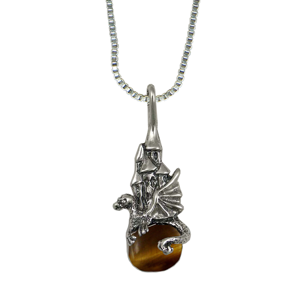 Sterling Silver Castle And Dragon of Prosperity Pendant With Tiger Eye